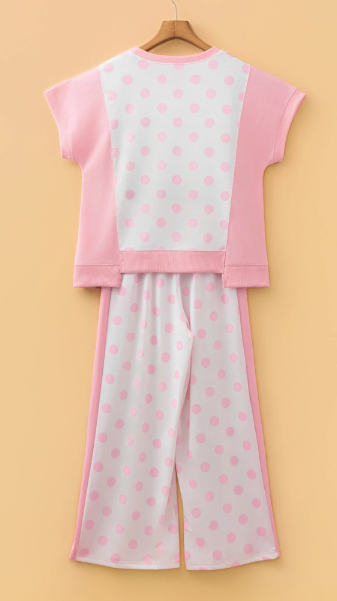 Adele Pink Color Block Patchwork Polka Dot Wide Leg Pant Set