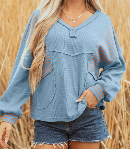 Celeste Dusk Blue Exposed Seam Waffle Striped Patchwork Baggy Pullover