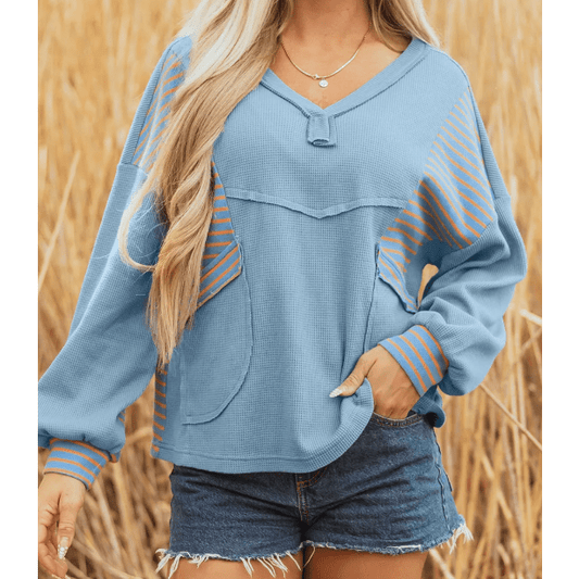 Celeste Dusk Blue Exposed Seam Waffle Striped Patchwork Baggy Pullover