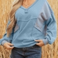 Celeste Dusk Blue Exposed Seam Waffle Striped Patchwork Baggy Pullover