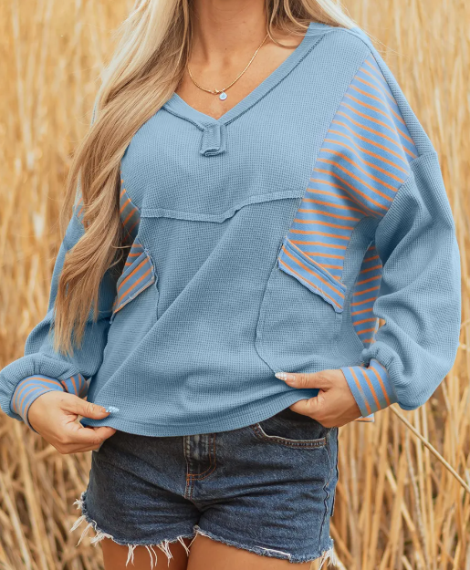 Celeste Dusk Blue Exposed Seam Waffle Striped Patchwork Baggy Pullover