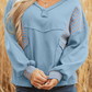 Celeste Dusk Blue Exposed Seam Waffle Striped Patchwork Baggy Pullover