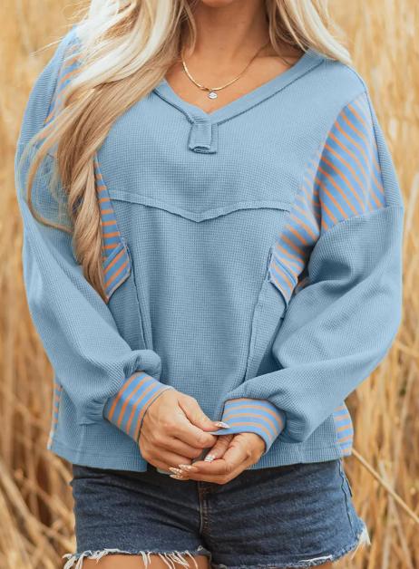Celeste Dusk Blue Exposed Seam Waffle Striped Patchwork Baggy Pullover