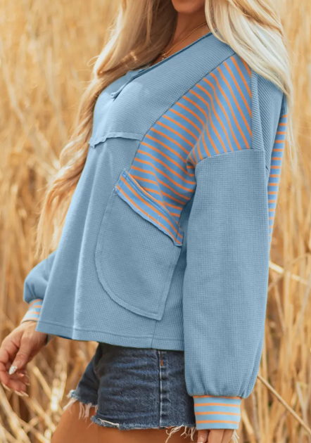 Celeste Dusk Blue Exposed Seam Waffle Striped Patchwork Baggy Pullover