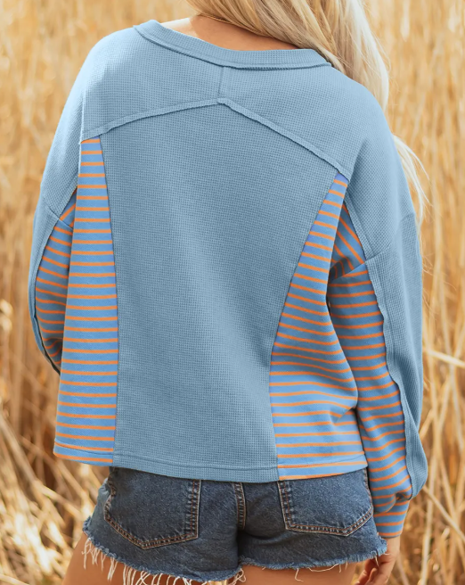 Celeste Dusk Blue Exposed Seam Waffle Striped Patchwork Baggy Pullover