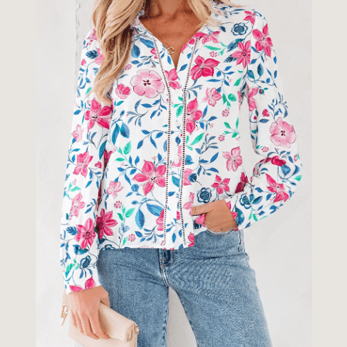 Chancie Pink Floral Print Lace Detail Button-up Long Sleeve Shirt