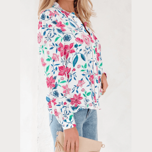 Chancie Pink Floral Print Lace Detail Button-up Long Sleeve Shirt