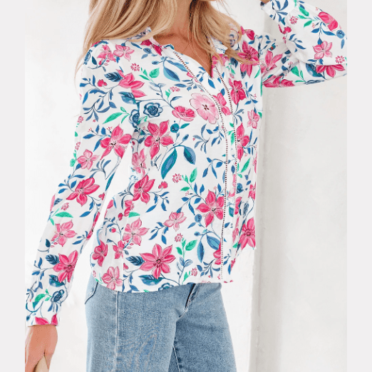 Chancie Pink Floral Print Lace Detail Button-up Long Sleeve Shirt