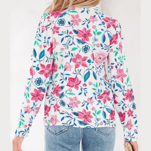 Chancie Pink Floral Print Lace Detail Button-up Long Sleeve Shirt