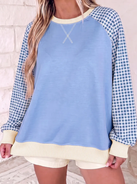 Hollie Mae Light Blue Plaid Sleeve Colorblock Raglan Pullover Sweatshirt