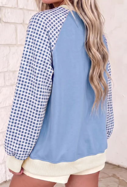 Hollie Mae Light Blue Plaid Sleeve Colorblock Raglan Pullover Sweatshirt