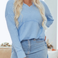 Remy Blue Notched Neck Terry Raw Hem Long Sleeve Top
