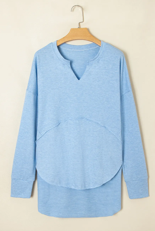 Remy Blue Notched Neck Terry Raw Hem Long Sleeve Top