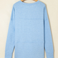 Remy Blue Notched Neck Terry Raw Hem Long Sleeve Top