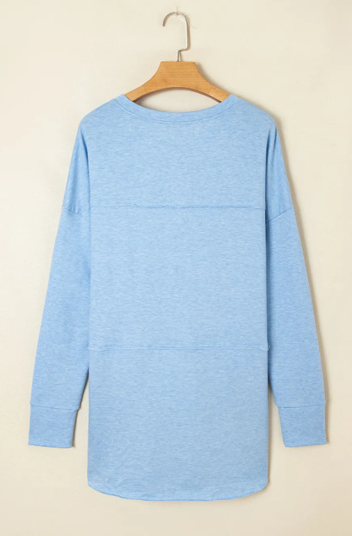 Remy Blue Notched Neck Terry Raw Hem Long Sleeve Top
