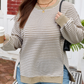Dayna Khaki Stripe Ribbed Trim Drop Shoulder Long Sleeve Oversize Top