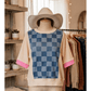 SALE!!!  Korley Dusk Blue Checkered Denim Patchwork Short Sleeve Loose Top