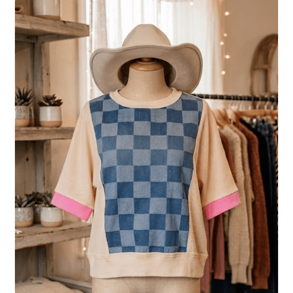 SALE!!!  Korley Dusk Blue Checkered Denim Patchwork Short Sleeve Loose Top