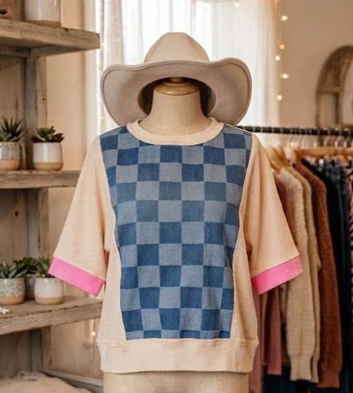 SALE!!!  Korley Dusk Blue Checkered Denim Patchwork Short Sleeve Loose Top
