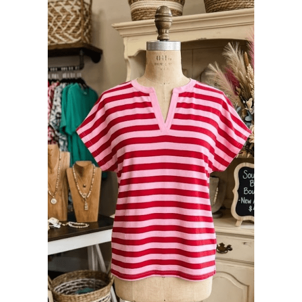 SALE!!!  Bayleigh Pink Stripe Split V Neck Casual T Shirt