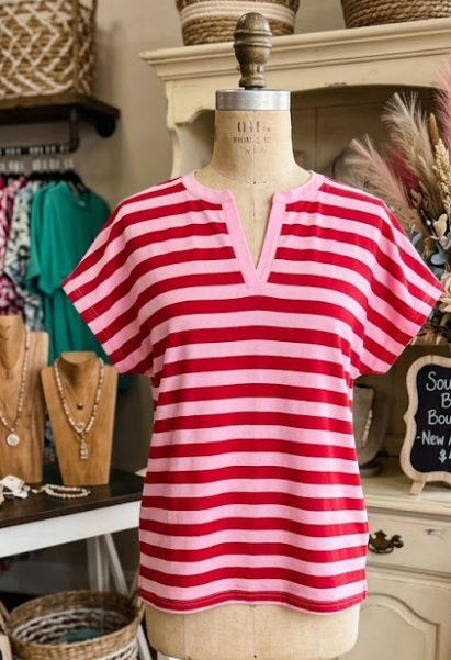 SALE!!!  Bayleigh Pink Stripe Split V Neck Casual T Shirt