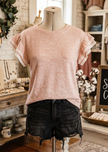 SALE!!!  Laverne Light Pink Twilled Print Lace Trim Ruffled Short Sleeve Blouse