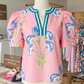 SALE!!! Cynda Pink Floral Print Striped Notched V Neck Bubble Sleeve Blouse