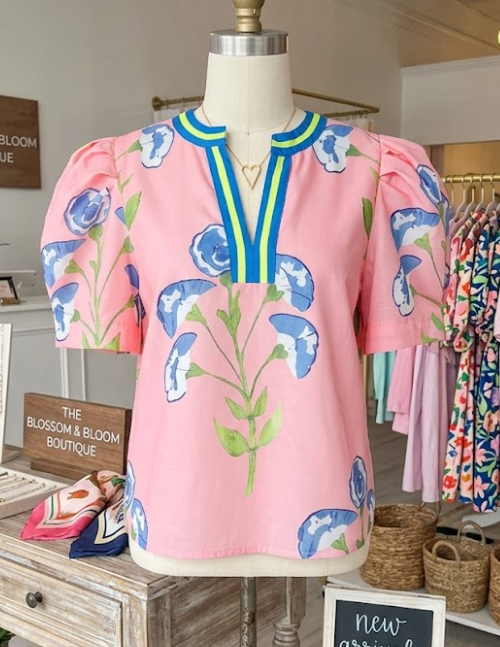 SALE!!! Cynda Pink Floral Print Striped Notched V Neck Bubble Sleeve Blouse