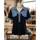 SALE!!!  Lacole Black Waffle Knit Denim Color Block Patchwork Button Flap Polo Top
