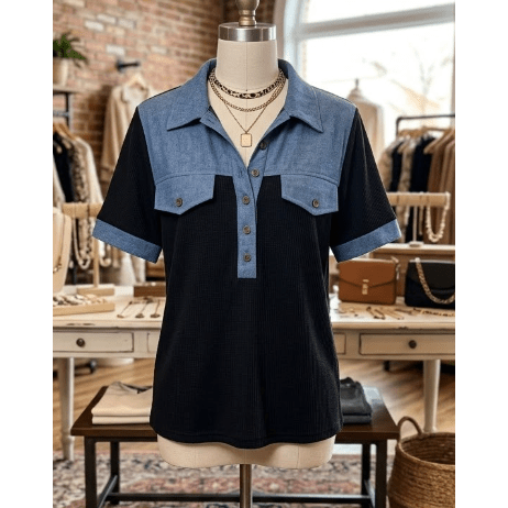SALE!!!  Lacole Black Waffle Knit Denim Color Block Patchwork Button Flap Polo Top
