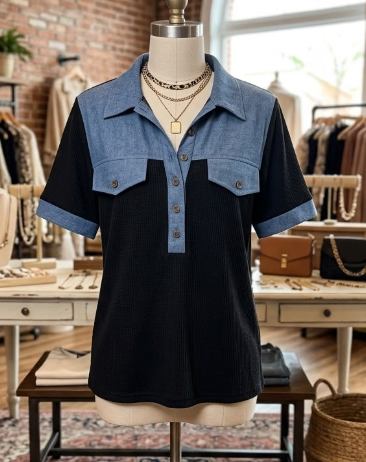 SALE!!!  Lacole Black Waffle Knit Denim Color Block Patchwork Button Flap Polo Top