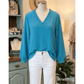 Dezi Blue Frilled V Neckline Bracelet Sleeve Crinkled Blouse