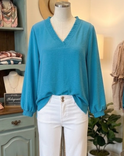 Dezi Blue Frilled V Neckline Bracelet Sleeve Crinkled Blouse