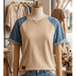 Ayda Parchment Denim Color Block Patchwork Round Neck Tee