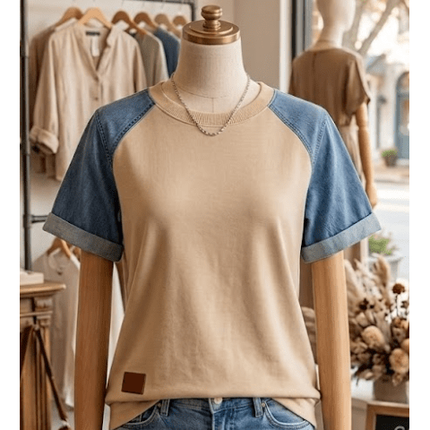 Ayda Parchment Denim Color Block Patchwork Round Neck Tee