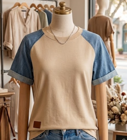 Ayda Parchment Denim Color Block Patchwork Round Neck Tee