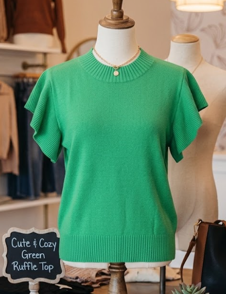 SALE!!!  Carrison Green Ribbed Trim Round Neck Ruffle Short Sleeve Sweater
