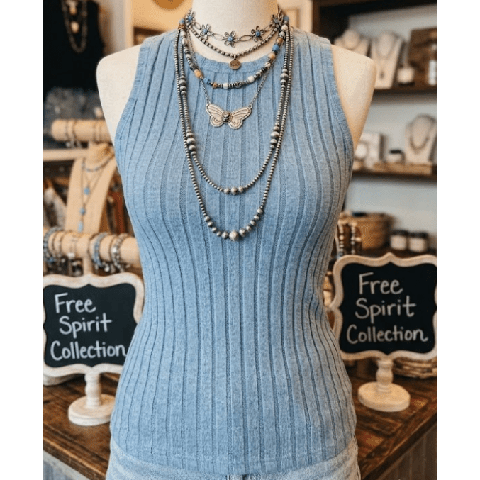 Jora Blue Slim Ribbed Mineral Wash Tank Top