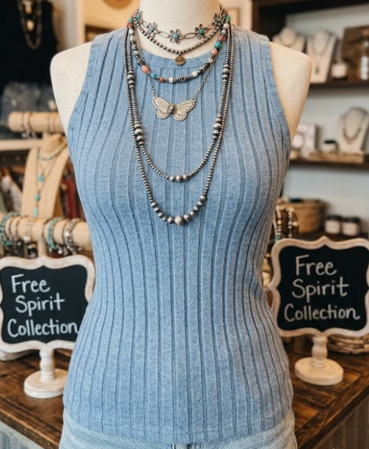 Jora Blue Slim Ribbed Mineral Wash Tank Top