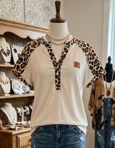 SALE!!!  Ozella Leopard Patchwork Half Button Short Sleeve Top