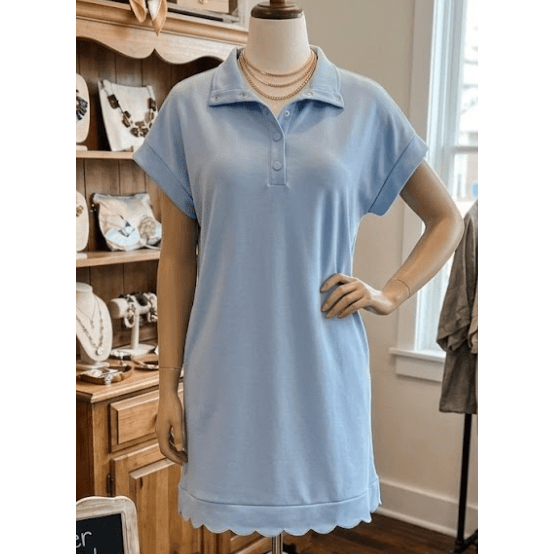 Pammy Beau Blue Snap Button Polo Collar Short Sleeve Scallop Hem Mini Dress