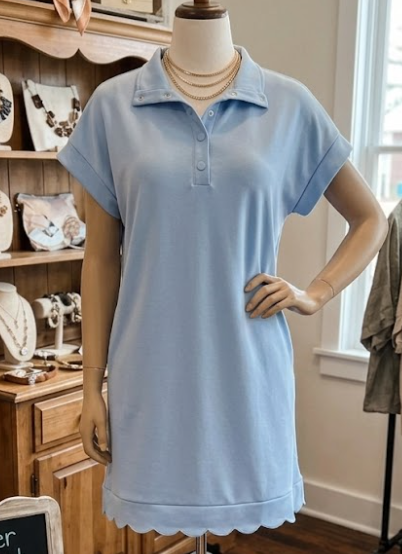 Pammy Beau Blue Snap Button Polo Collar Short Sleeve Scallop Hem Mini Dress