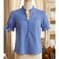 Joselle Blue Stripe Ruffled Short Puff Sleeve Button Front Blouse