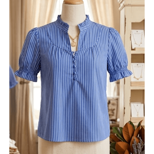 Joselle Blue Stripe Ruffled Short Puff Sleeve Button Front Blouse