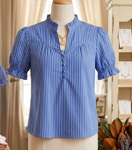Joselle Blue Stripe Ruffled Short Puff Sleeve Button Front Blouse