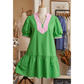 SALE!!!  Mariana Bright Green Color Block Detail Split Neck Short Puff Sleeve Ruffle Hem Mini Dress