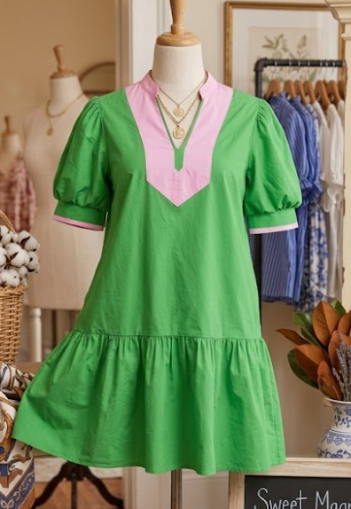 SALE!!!  Mariana Bright Green Color Block Detail Split Neck Short Puff Sleeve Ruffle Hem Mini Dress