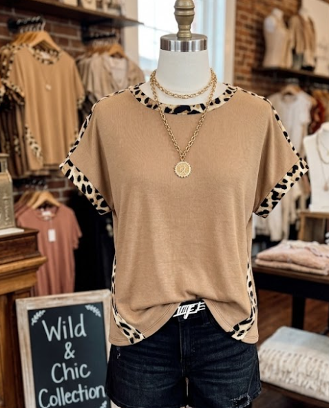 SALE!!!  Lyla French Beige Leopard Trim Round Neck Loose T Shirt