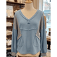 Celeste Dusk Blue Exposed Seam Waffle Striped Patchwork Baggy Pullover