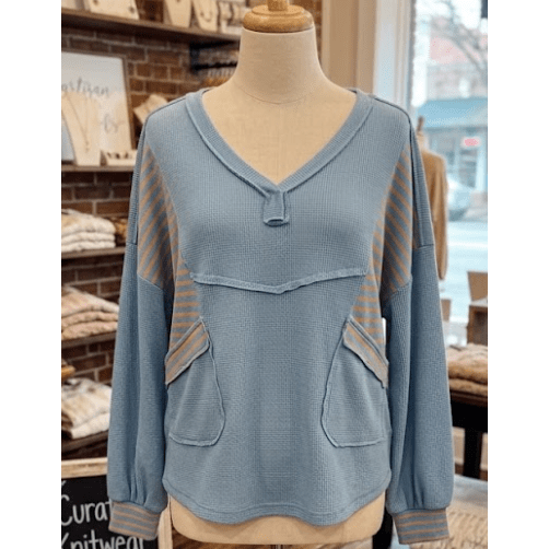Celeste Dusk Blue Exposed Seam Waffle Striped Patchwork Baggy Pullover